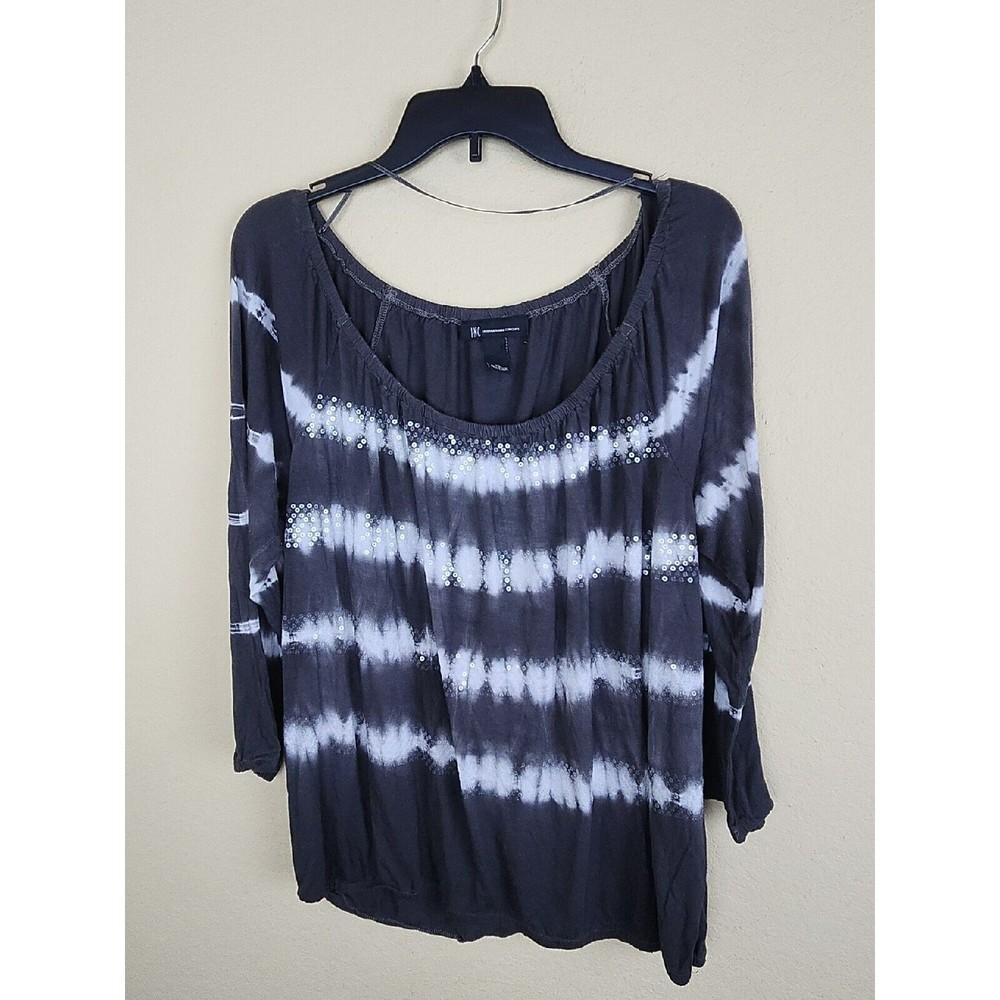 Inc Women’s Blouse flowy stretchy gray Tie Dye sequin boho hippy relax fit‎